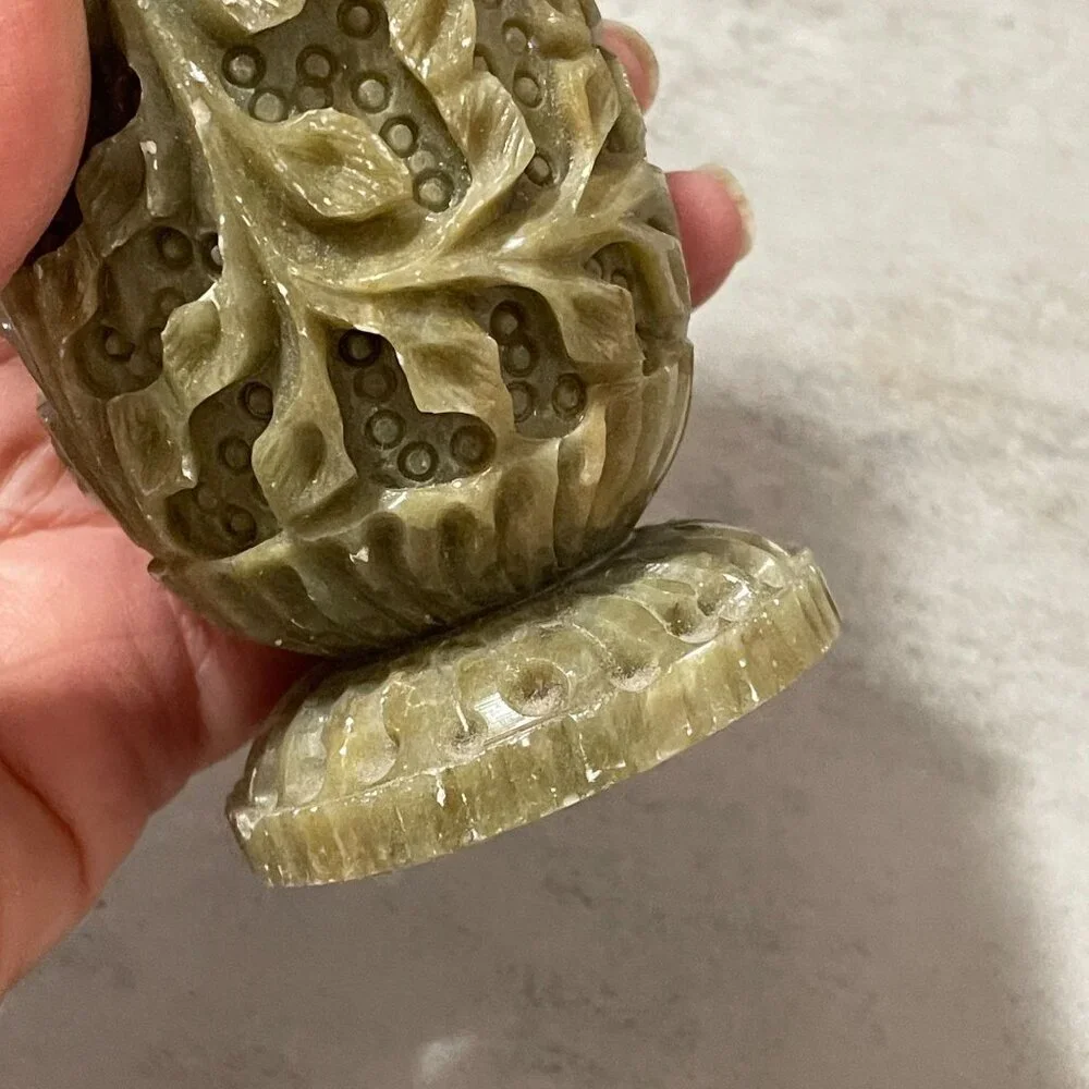 Vintage Pier 1 Carved Green Pink Floral Soapstone Columnar Vases Set of Two 6